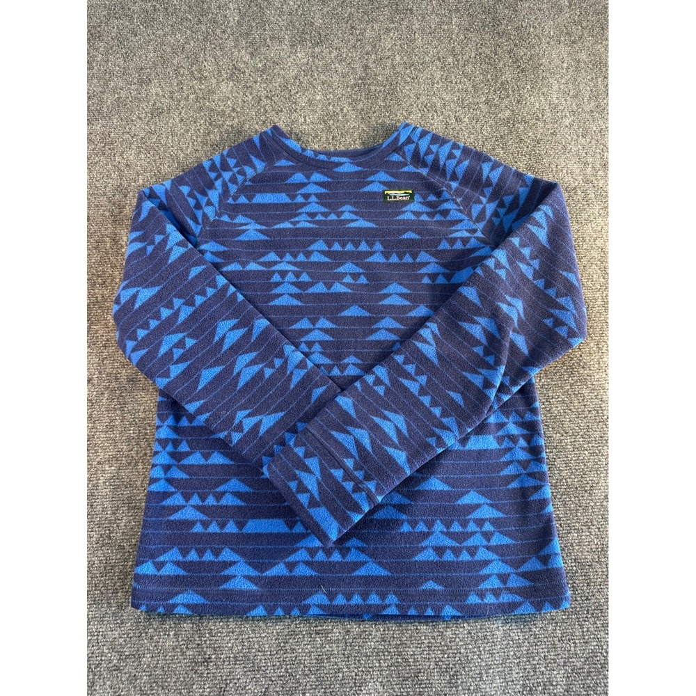LL Bean Kids Blue Geometric Fleece Pullover Raglan Crew Neck Size L 14-16